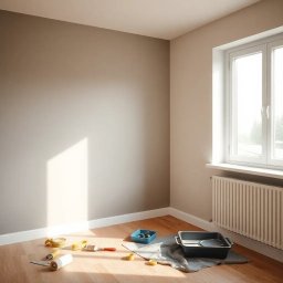 Damian Wyrzykowski - Ściana po malowaniu w neutralnym odcieniu, z narzędziami malarskimi na podłodze. Jasne światło dzienne wpada przez okno, oświetlając świeżo pomalowaną powierzchnię.