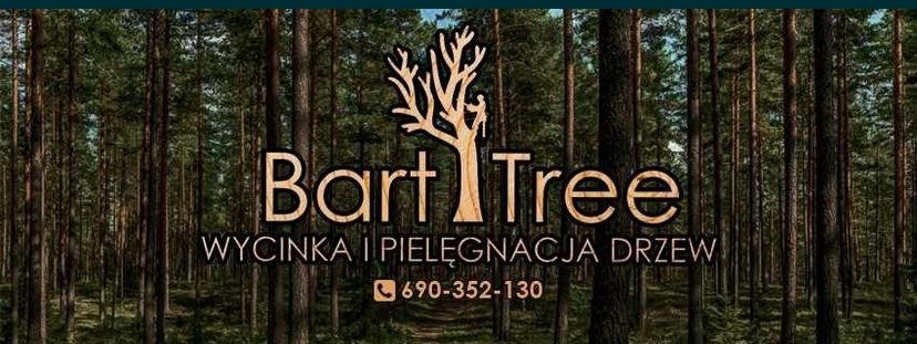 Logo firmy Bart Tree na tle lasu iglastego, oferującej usługi pielęgnacji drzew, z numerem telefonu.
