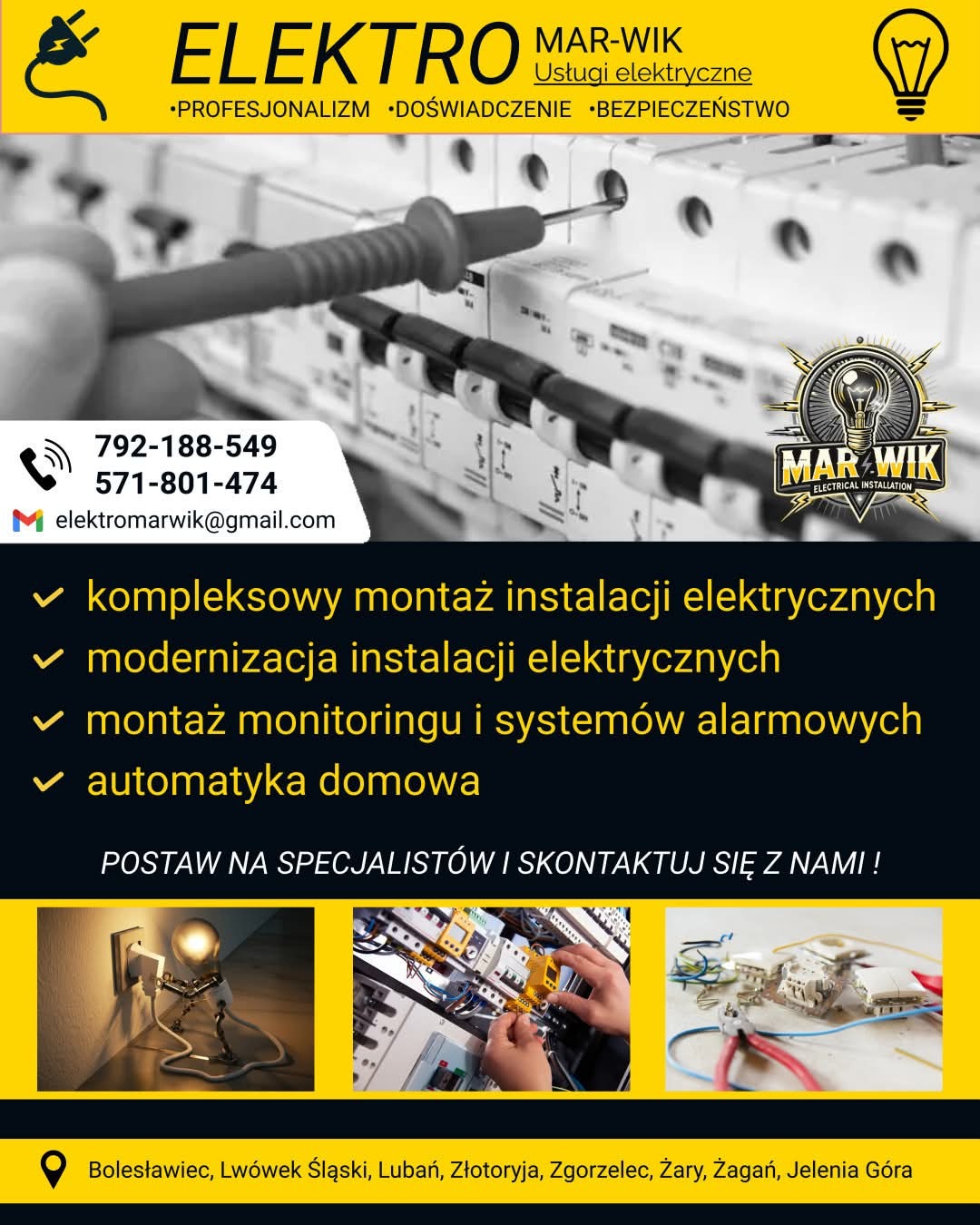 Baner reklamowy firmy elektrycznej Mar-Wik z ofertą kompleksowego montażu i modernizacji instalacji, montażu monitoringu i systemów alarmowych oraz automatyki domowej, prezentujący zbliżenie...