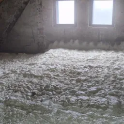 Poddasze po izolacji pianką PUR, widoczne dwie małe okna i fragmenty cegieł. Pianka wypełnia całą przestrzeń, tworząc jednolitą warstwę izolacyjną.