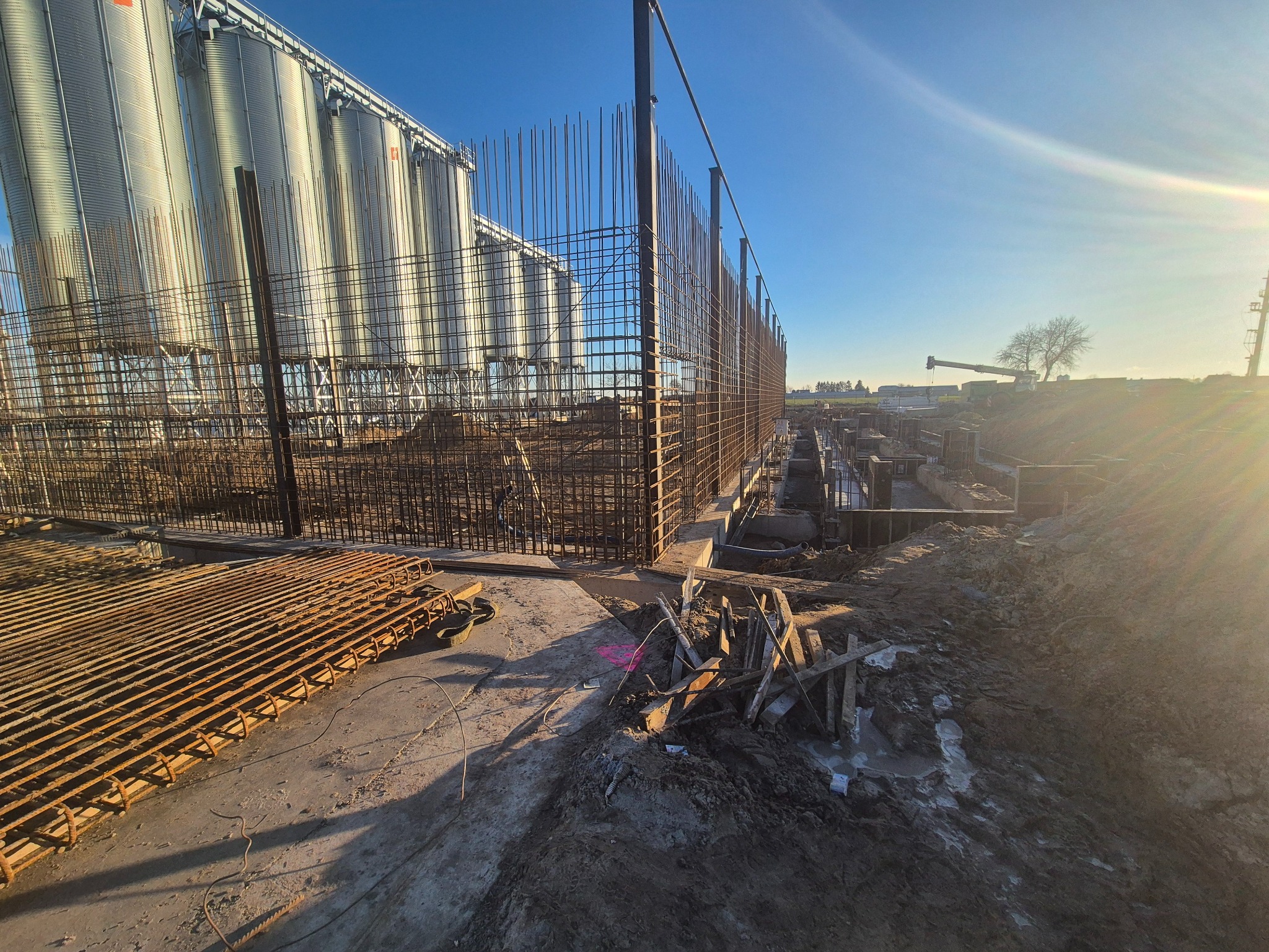 Zbrojenie fundamentów pod silosy zbożowe w słoneczny dzień. Widoczne szalunki i przygotowane elementy zbrojeniowe. W tle krajobraz rolniczy i błękitne niebo.