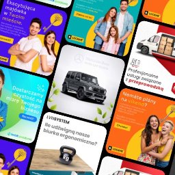 JAID - Zestaw reklam w formie kwadratów: pary z kluczami, auto Mercedes, sprzątanie, przeprowadzki, biurka ergonomiczne i odważnik. Różne usługi w jednym ujęciu.