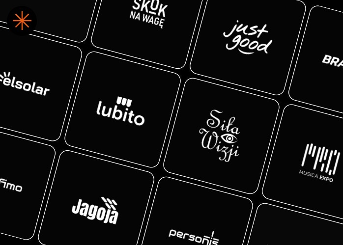 Kolaż czarno-białych logo firm w kwadratowych ramkach, ułożonych pod kątem. Widoczne logotypy: Celsolar, Lubito, Siła Wizji, Musica Expo, Jagoja, Personis i inne.