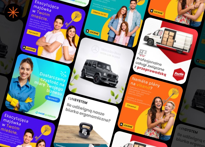 Zestaw reklam w formie kwadratów: pary z kluczami, auto Mercedes, sprzątanie, przeprowadzki, biurka ergonomiczne i odważnik. Różne usługi w jednym ujęciu.