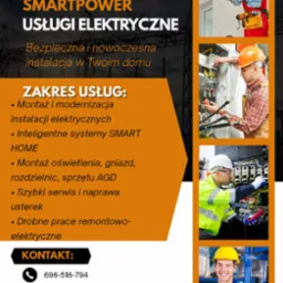 Plakat reklamowy: Usługi elektryczne Smartpower. Montaż oświetlenia, gniazd, rozdzielnic, sprzętu AGD. Szybki serwis i naprawa usterek. Kontakt: 696-516-794.