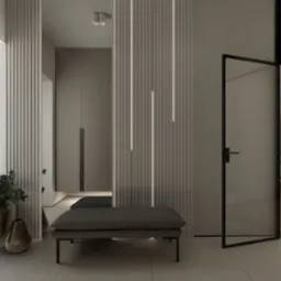 Nowoczesny hol w odcieniach szarości z dekoracyjnymi panelami ściennymi z oświetleniem LED, minimalistyczną ławką i roślinami w złotych donicach przy oknie.