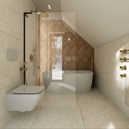 The Plan sp. z o.o. - Nowoczesna łazienka na poddaszu z beżowymi płytkami, złotą armaturą i kabiną prysznicową typu walk-in. Uwagę przykuwa skośny sufit i okno w strefie prysznica.