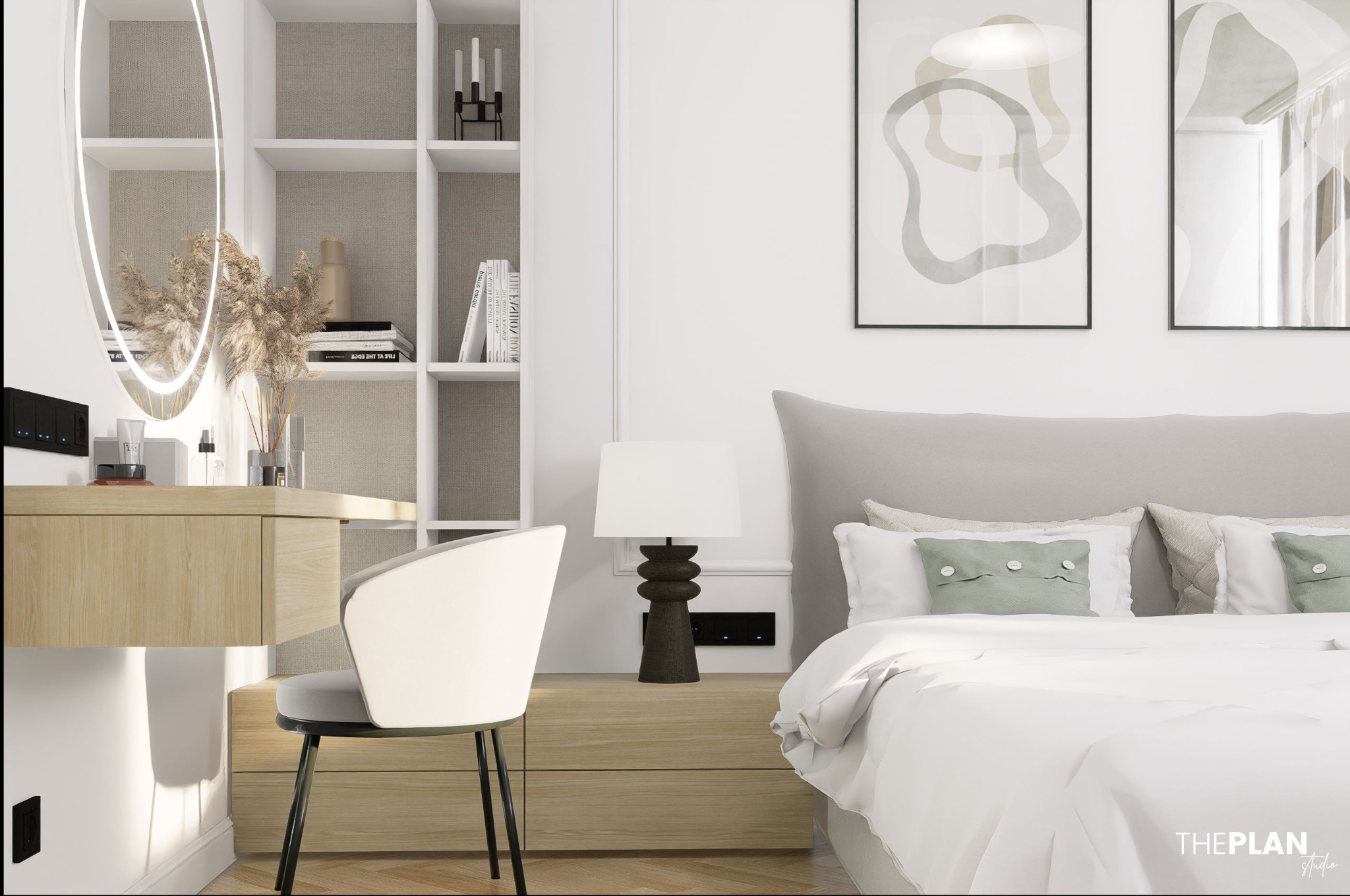 Jasna sypialnia w neutralnych barwach: drewniana toaletka z owalnym lustrem, białe krzesło, łóżko z szarym zagłówkiem i minimalistyczne grafiki na ścianie.