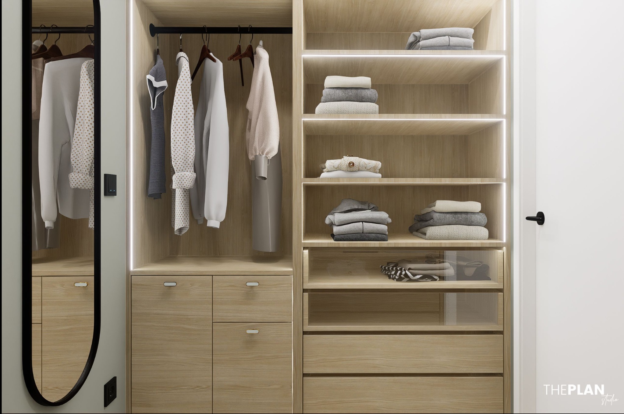 Jasna, drewniana garderoba z oświetleniem LED, ubrania wiszące i ułożone na półkach, minimalistyczny design, widoczne detale wykończenia.