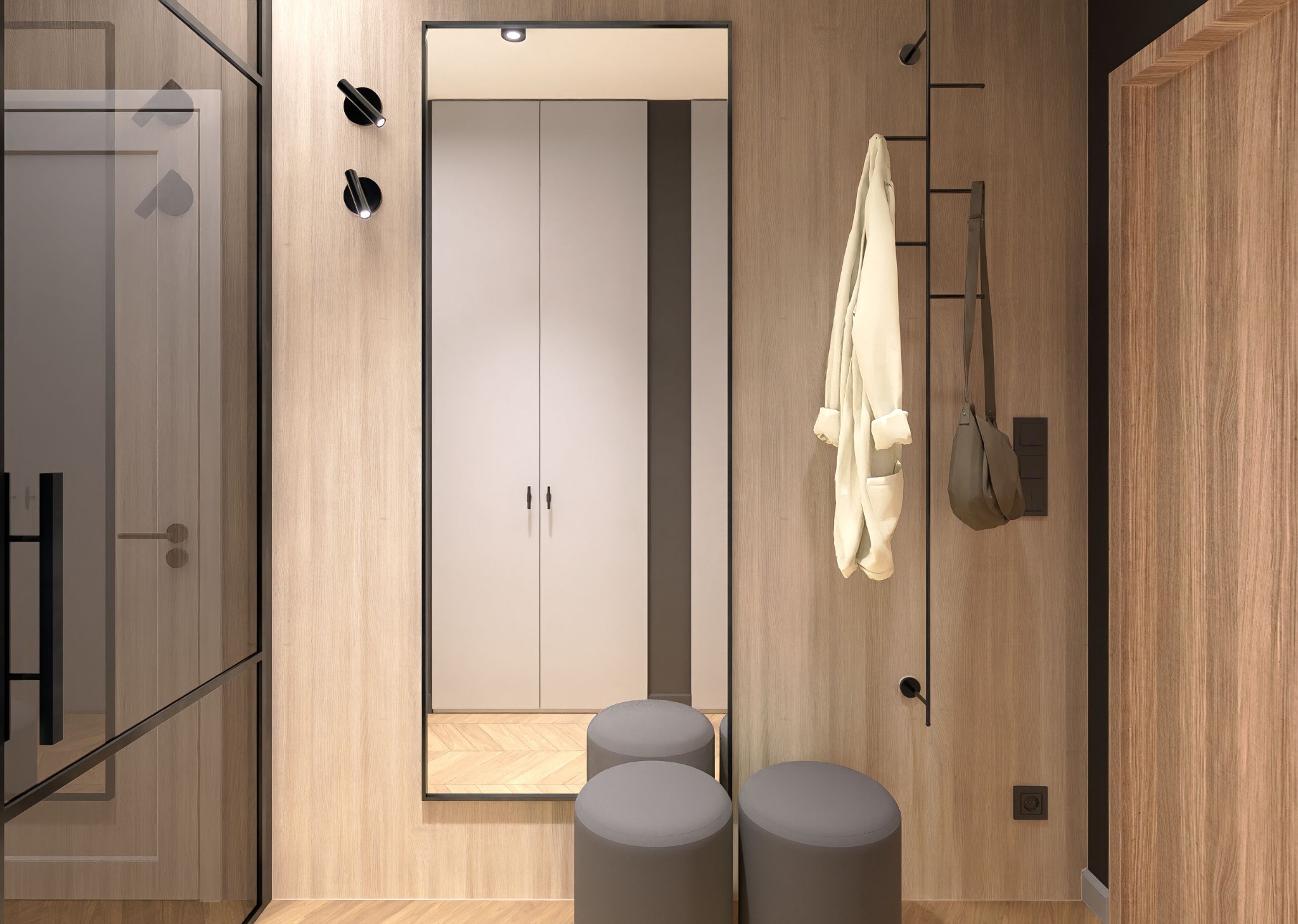 Nowoczesna aranżacja przedpokoju z lustrem, wieszakiem na ubrania i pufami. Minimalistyczny design, ciepłe oświetlenie i drewniane wykończenie.