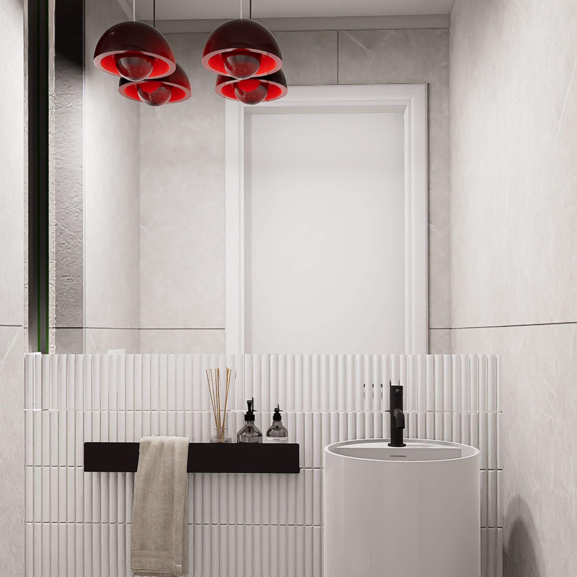 Nowoczesna łazienka z umywalką cylindryczną, czarną armaturą i dekoracyjną ścianą z białych płytek. Nad umywalką półka z akcesoriami i ręcznikiem, oświetlenie stanowią lampy wiszące.