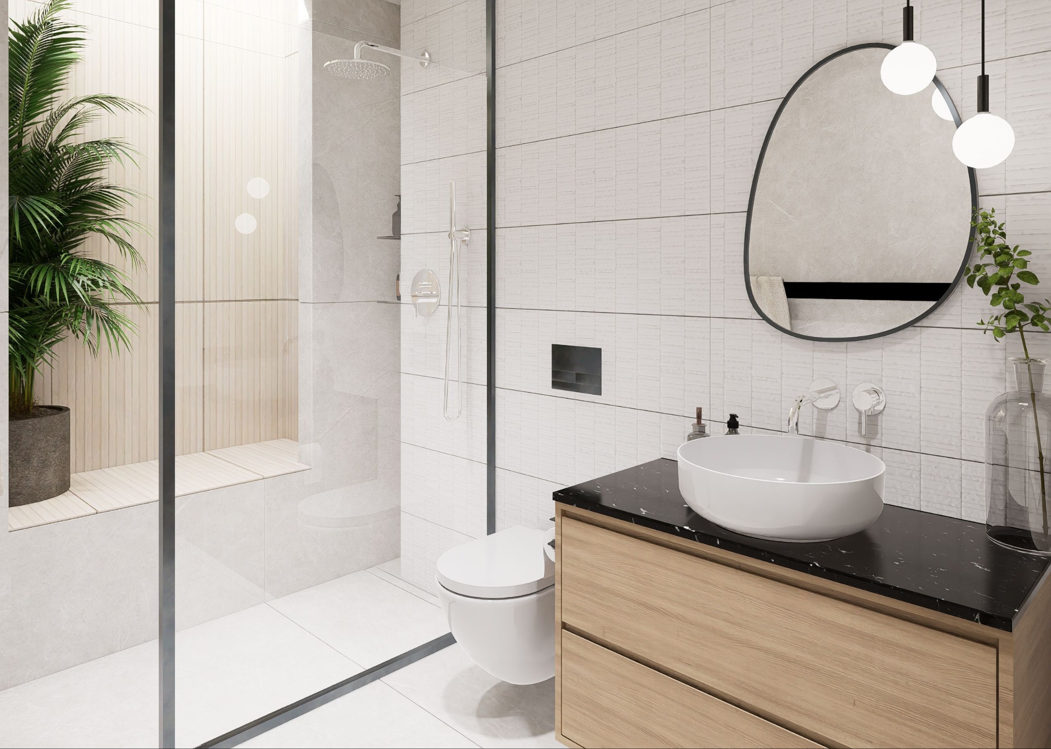 Nowoczesna łazienka z kabiną prysznicową typu walk-in, umywalką na blacie z czarnego marmuru i lustrem o nieregularnym kształcie. Jasna kolorystyka i minimalistyczny design.