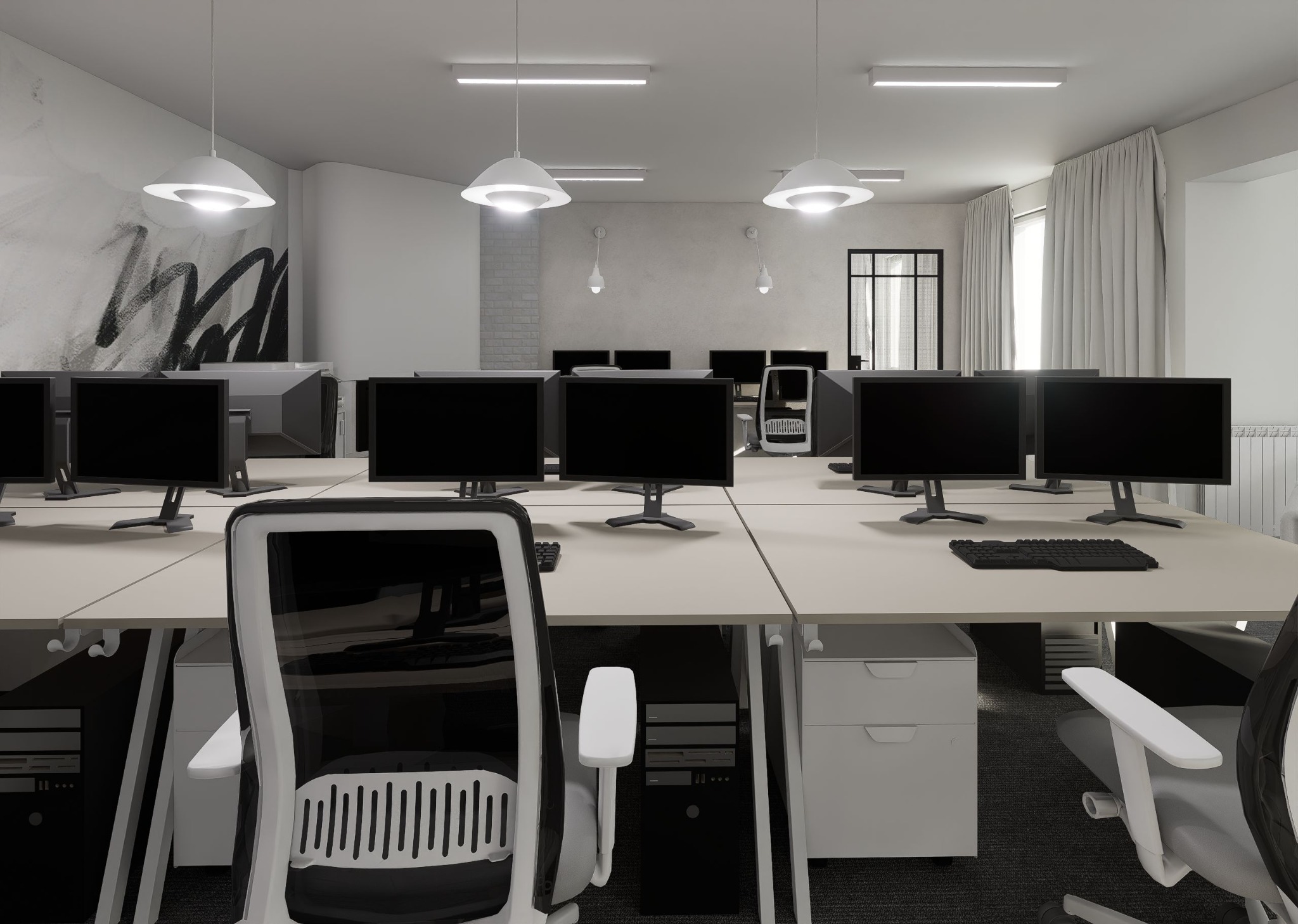 Nowoczesne biuro z rzędami stanowisk pracy, czarnymi monitorami i ergonomicznymi krzesłami. Ściany zdobią abstrakcyjne malunki i lampy w stylu UFO. Jasne, minimalistyczne wnętrze.