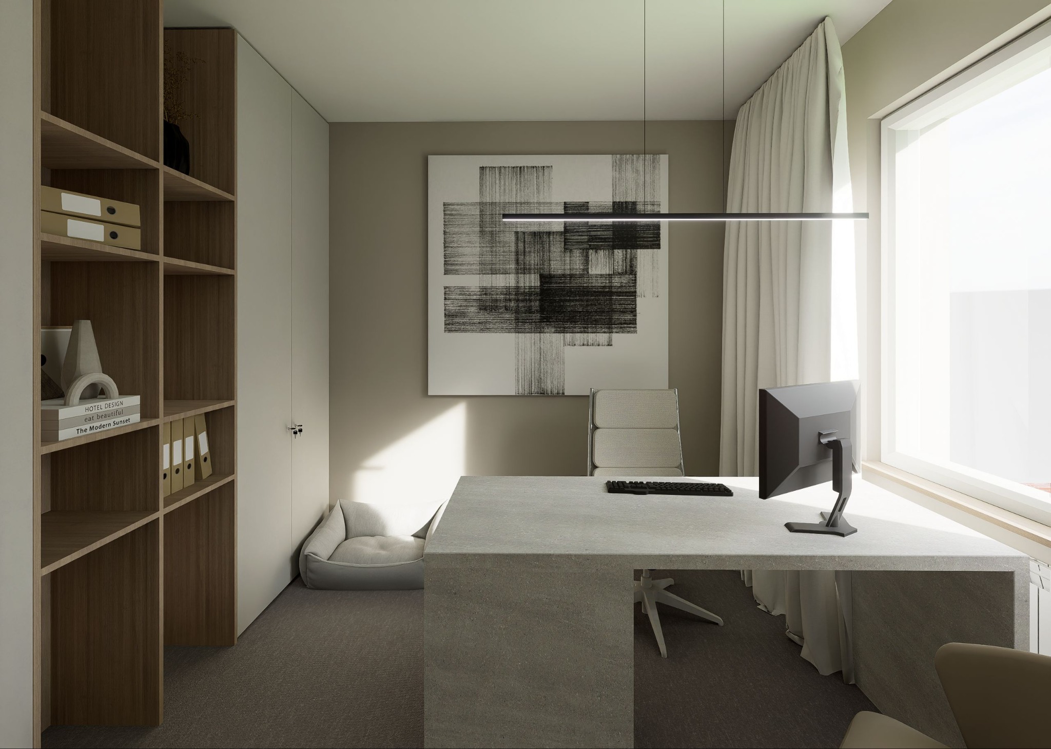 Nowoczesne biuro domowe z betonowym biurkiem, minimalistyczną lampą i regałem z książkami. Stonowana kolorystyka, duże okno z zasłonami, abstrakcyjny obraz na ścianie.
