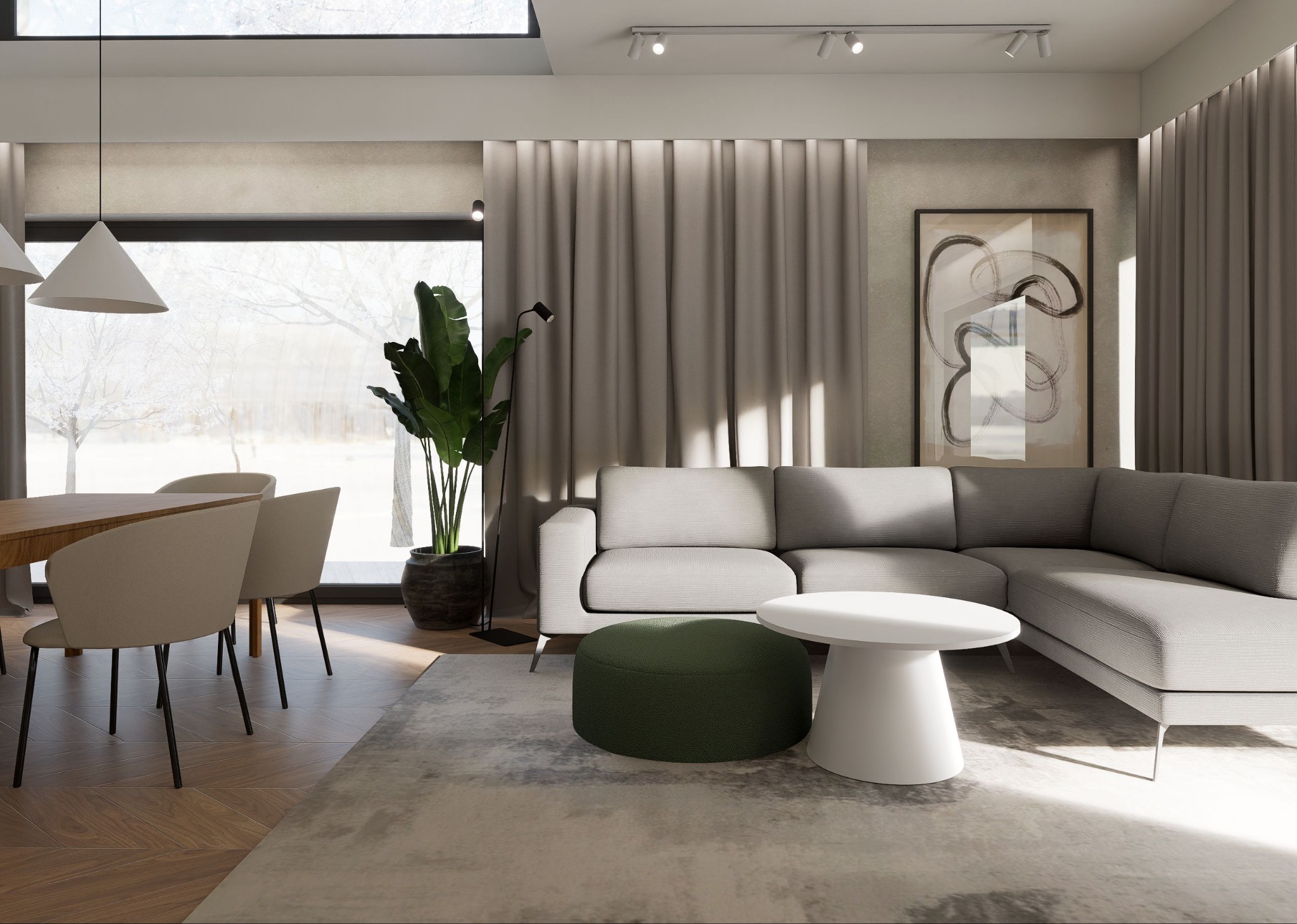 Jasne wnętrze z szarym narożnikiem, okrągłym stolikiem i zielonym pufem. Za sofą zasłony i abstrakcyjny obraz w ramie. Widok na zimowy krajobraz przez okno.