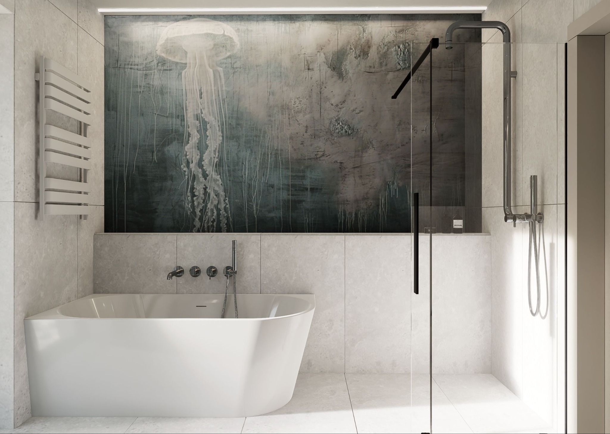 Nowoczesna łazienka z wanną wolnostojącą i kabiną prysznicową ze szklaną ścianą. Na ścianie dekoracyjny panel z motywem meduzy. Minimalistyczny design.