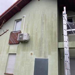 Jarek Wachowiak - Brudna, zielonkawa elewacja domu z widocznymi zaciekami i zabrudzeniami, częściowo zasłonięta przez rozstawioną aluminiową drabinę z podestem roboczym, okna z opuszczonymi roletami, brązowy dach...