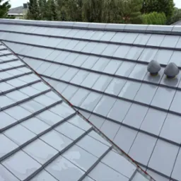 Błyszczący, szary dach z dachówki ceramicznej, widok z góry po deszczu, z dwoma odpowietrznikami kominowymi w kształcie grzybków.