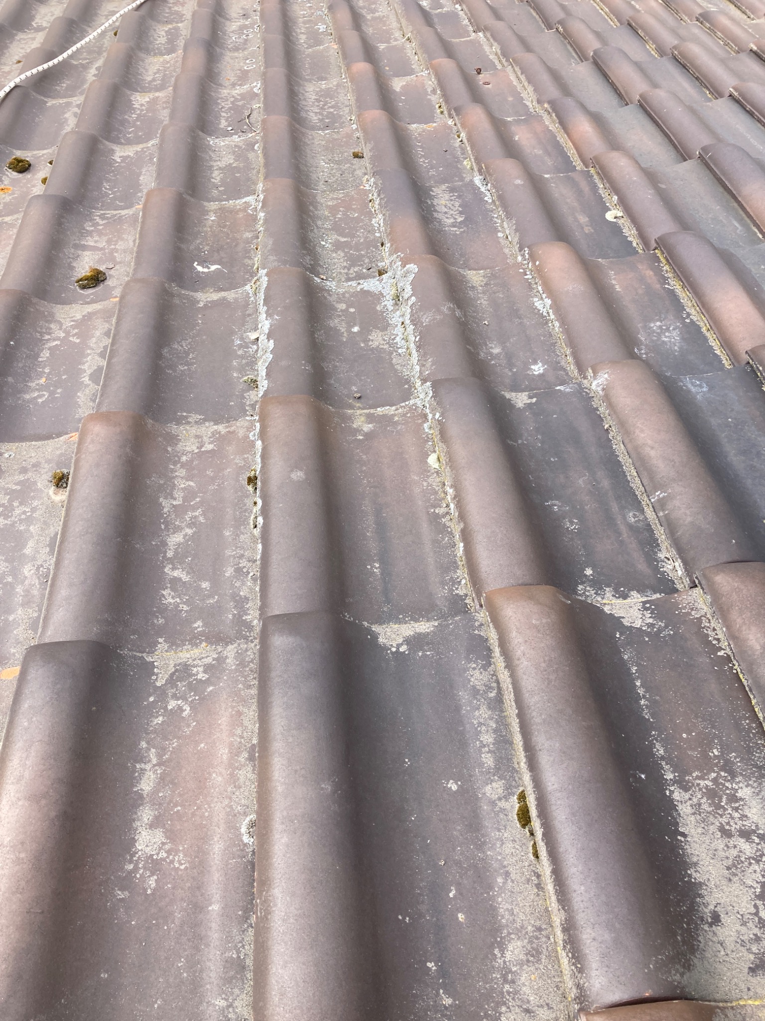 Brązowa dachówka z mchem i białymi wykwitami, widok z bliska. Widoczna lina zabezpieczająca na górze kadru. Dach po długim okresie użytkowania, wymagający czyszczenia.