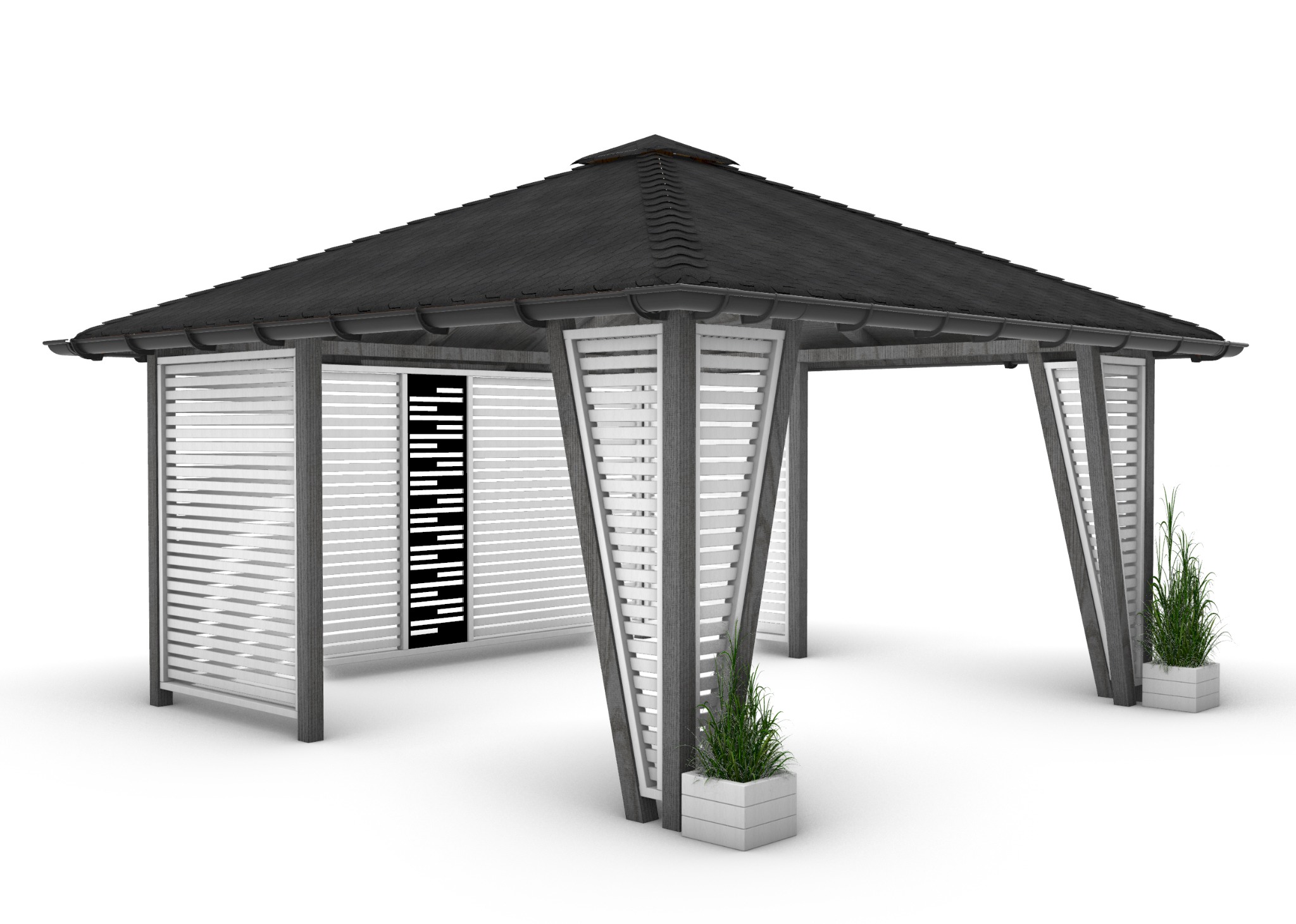 Wizualizacja 3D nowoczesnej altany z szarymi elementami konstrukcyjnymi i białymi panelami z poziomych listew, z czarnym dachem i donicami z zielonymi roślinami po bokach.