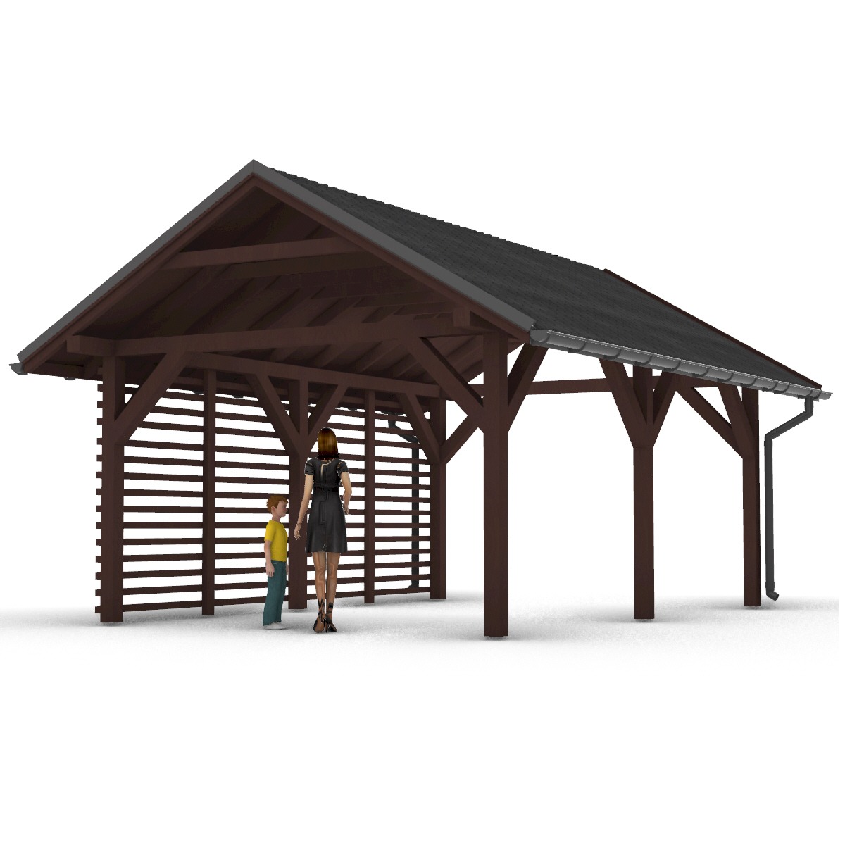 Wizualizacja drewnianej konstrukcji z zadaszeniem, przypominającej altanę lub pergolę, z widocznymi elementami kratowymi z jednej strony; obok stoi kobieta i dziecko, co daje wyobrażenie o skali...