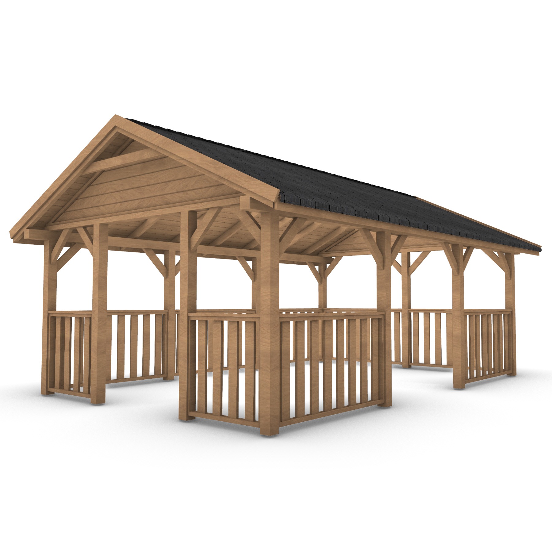Wizualizacja drewnianej konstrukcji z zadaszeniem z czarnej dachówki, otwartej z trzech stron, z niską balustradą, prezentowana na białym tle.