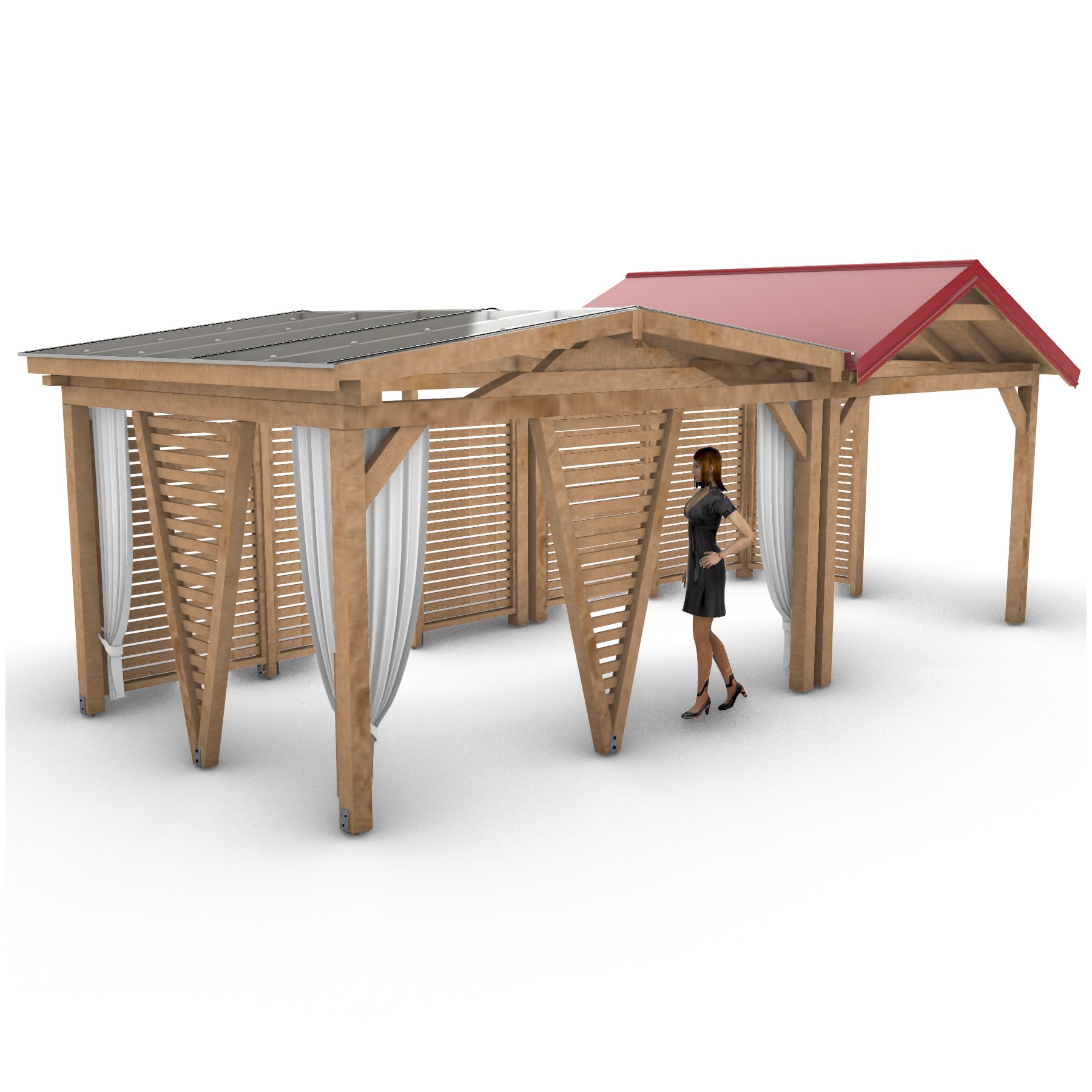 Wizualizacja dwóch drewnianych konstrukcji z różnymi zadaszeniami: szarym i czerwonym, z dekoracyjnymi zasłonami i postacią kobiety w czarnej sukience.