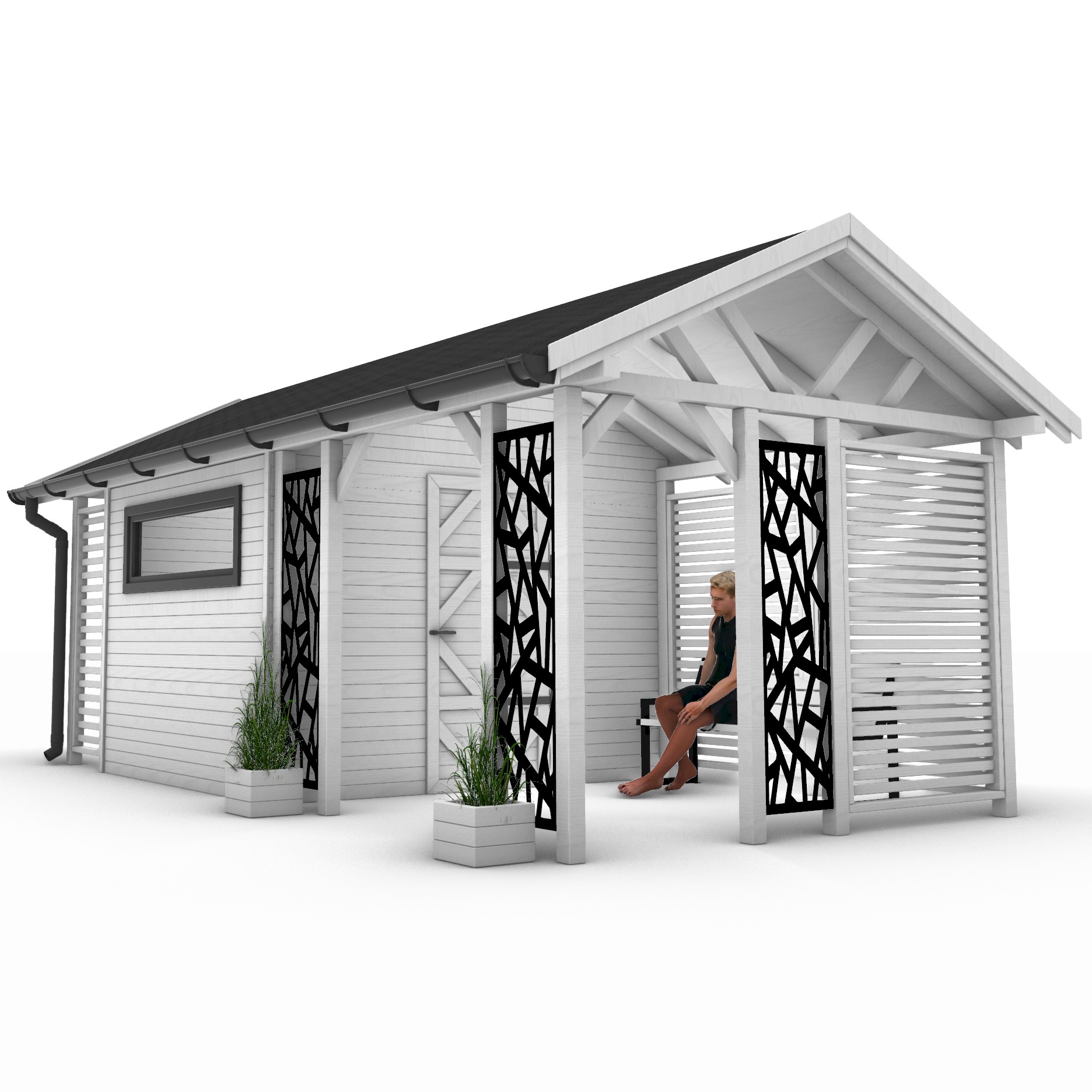 Wizualizacja altany z białego drewna z czarnym dachem i dekoracyjnymi panelami, siedząca w środku osoba.