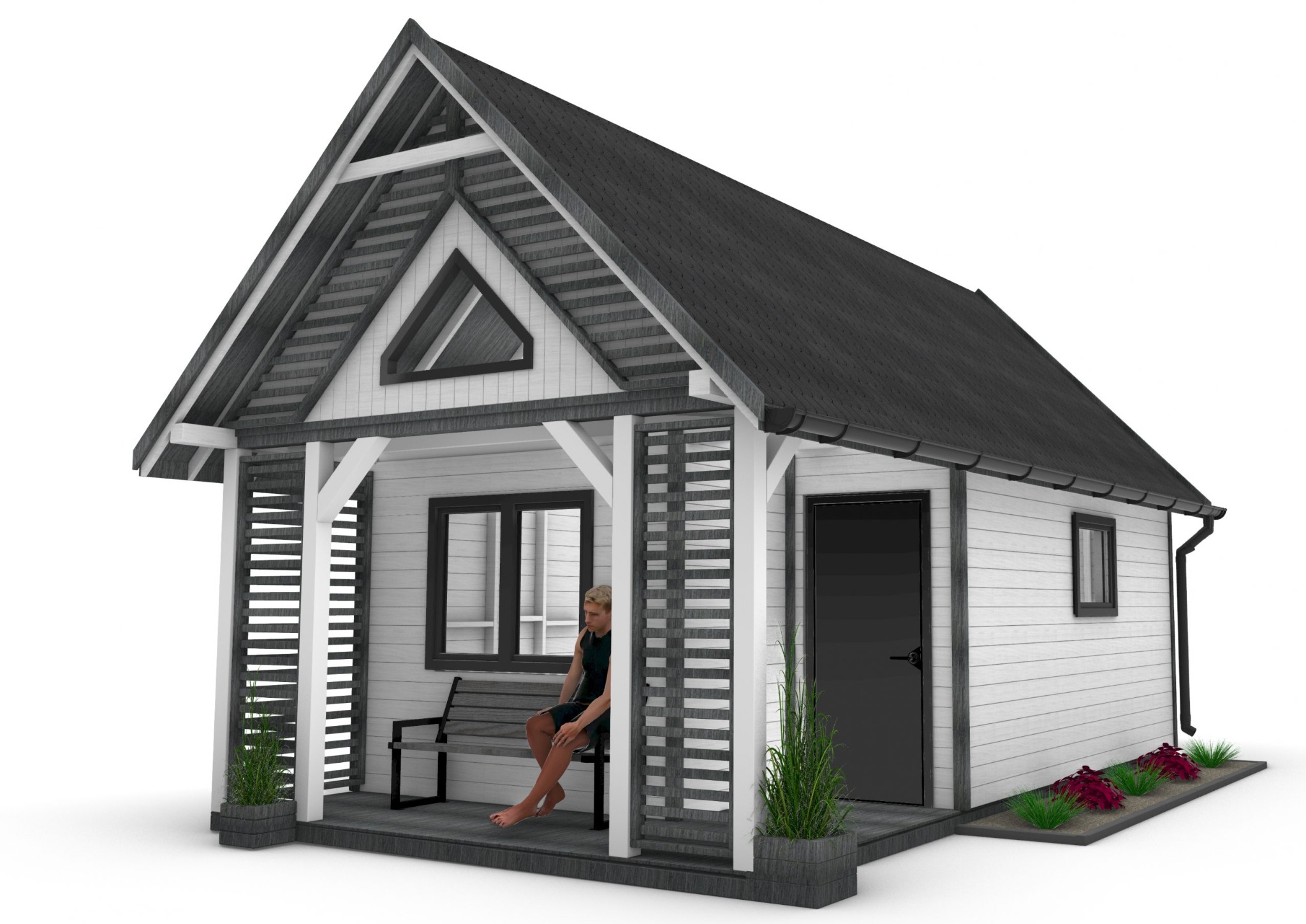 Wizualizacja małej, białej altany z szarym dachem, z osobą siedzącą na ławce na werandzie, otoczonej roślinami w donicach i małym klombem.