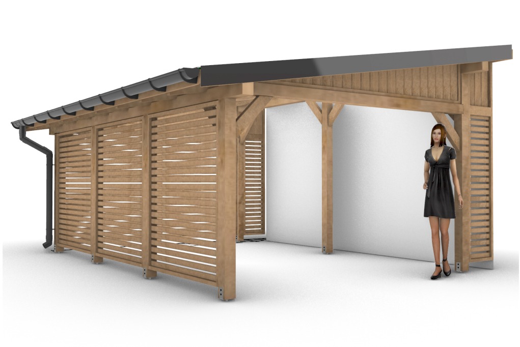 Wizualizacja przestrzennej konstrukcji z drewna z poziomymi listwami, z czarnym dachem i rynnami, oraz postacią kobiety w czarnej sukience na tle białej ściany.