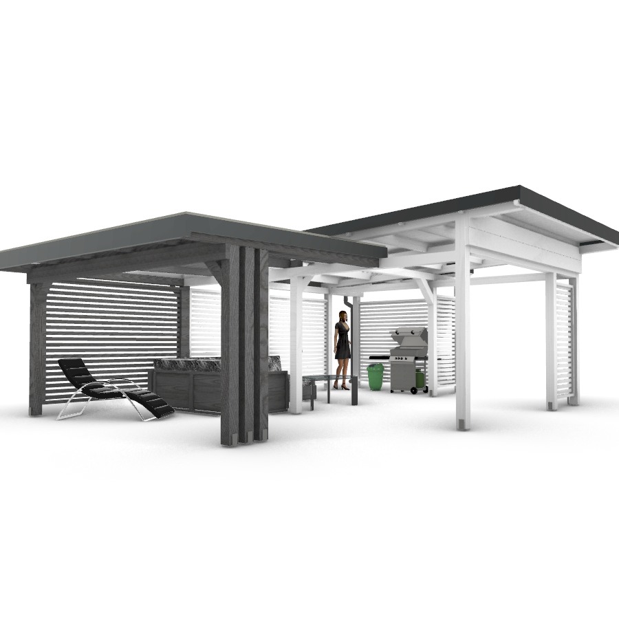 Wizualizacja dwóch połączonych konstrukcji: ciemnoszarej z leżanką i jasnej z grillem, uzupełnionych o postać kobiety w tle.