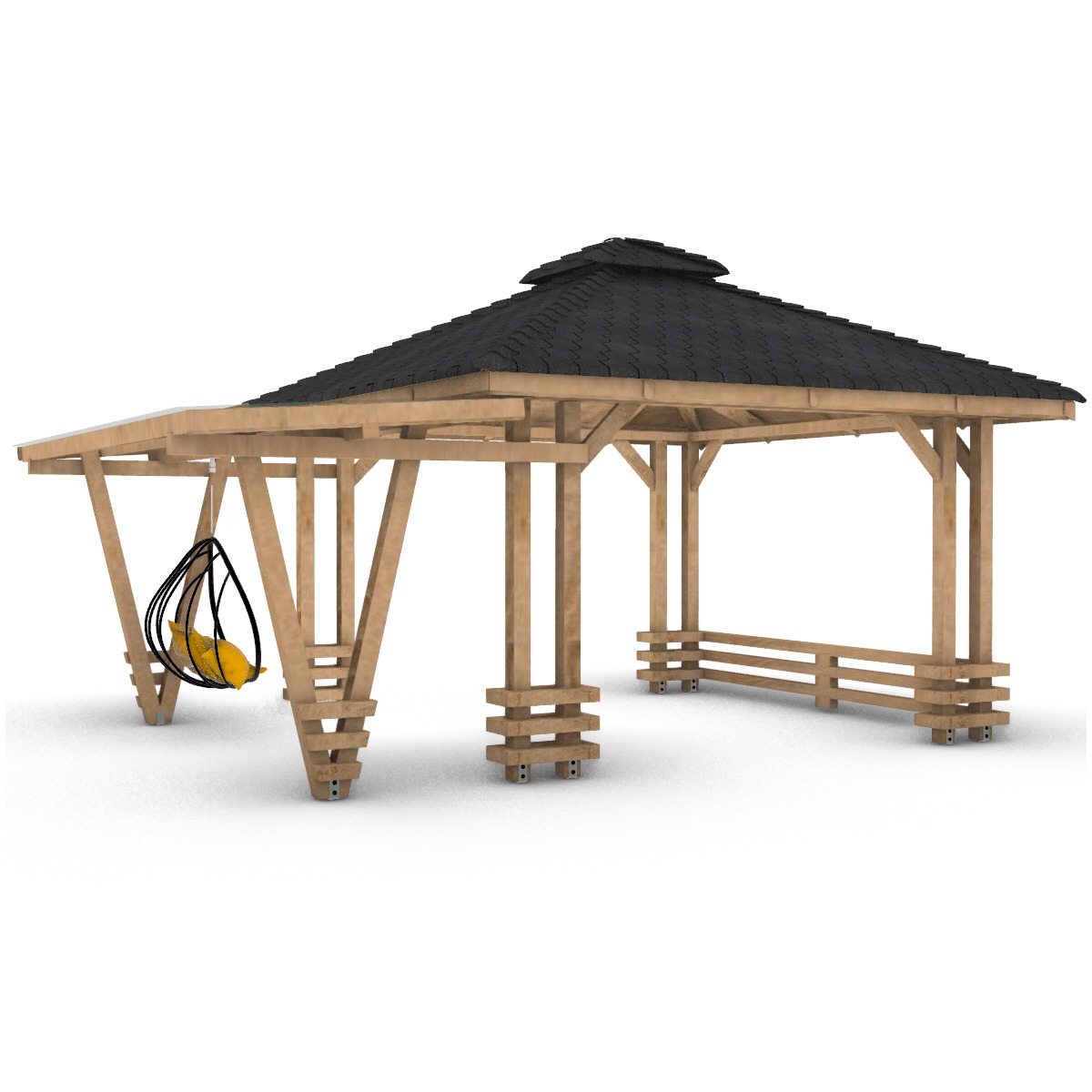 Wizualizacja 3D drewnianej altany z czarnym, wielopołaciowym dachem i wiszącym, żółtym fotelem w kształcie kropli.