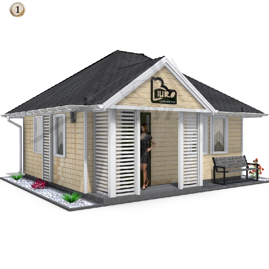 Wizualizacja małego, parterowego domku z drewna z zadaszonym wejściem, drewnianą ławką z boku i rabatą kwiatową z przodu.