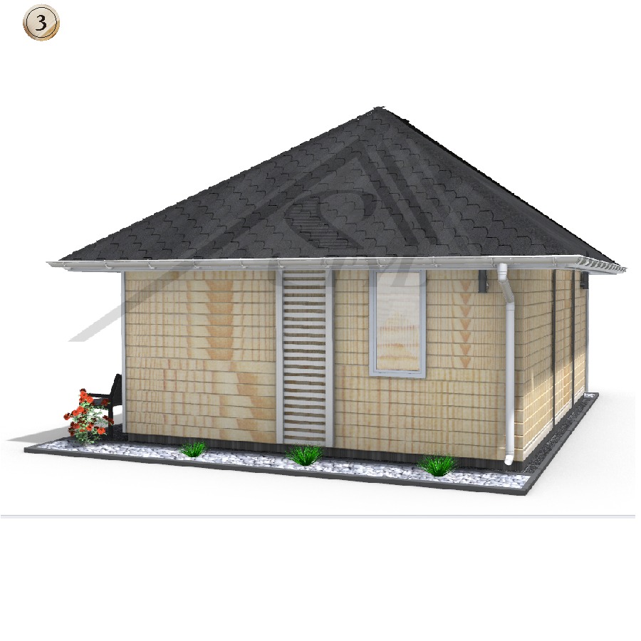 Wizualizacja małej, drewnianej altany z czarnym dachem w Kłobukowicach, z widocznym oknem i elementami dekoracyjnymi w postaci krzesła i kwiatów.