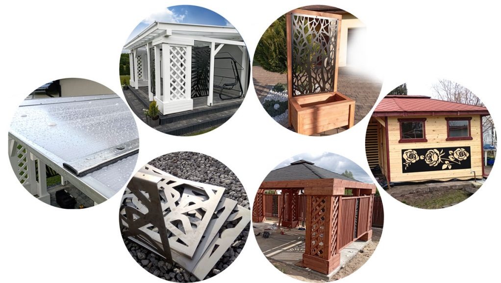 Kolaż zdjęć przedstawiający detale konstrukcji drewnianych: biała altana z kratownicą, pergola z drewnianą donicą i metalowym ażurem, fragment dachu altany z kroplami wody, wycięte laserowo...