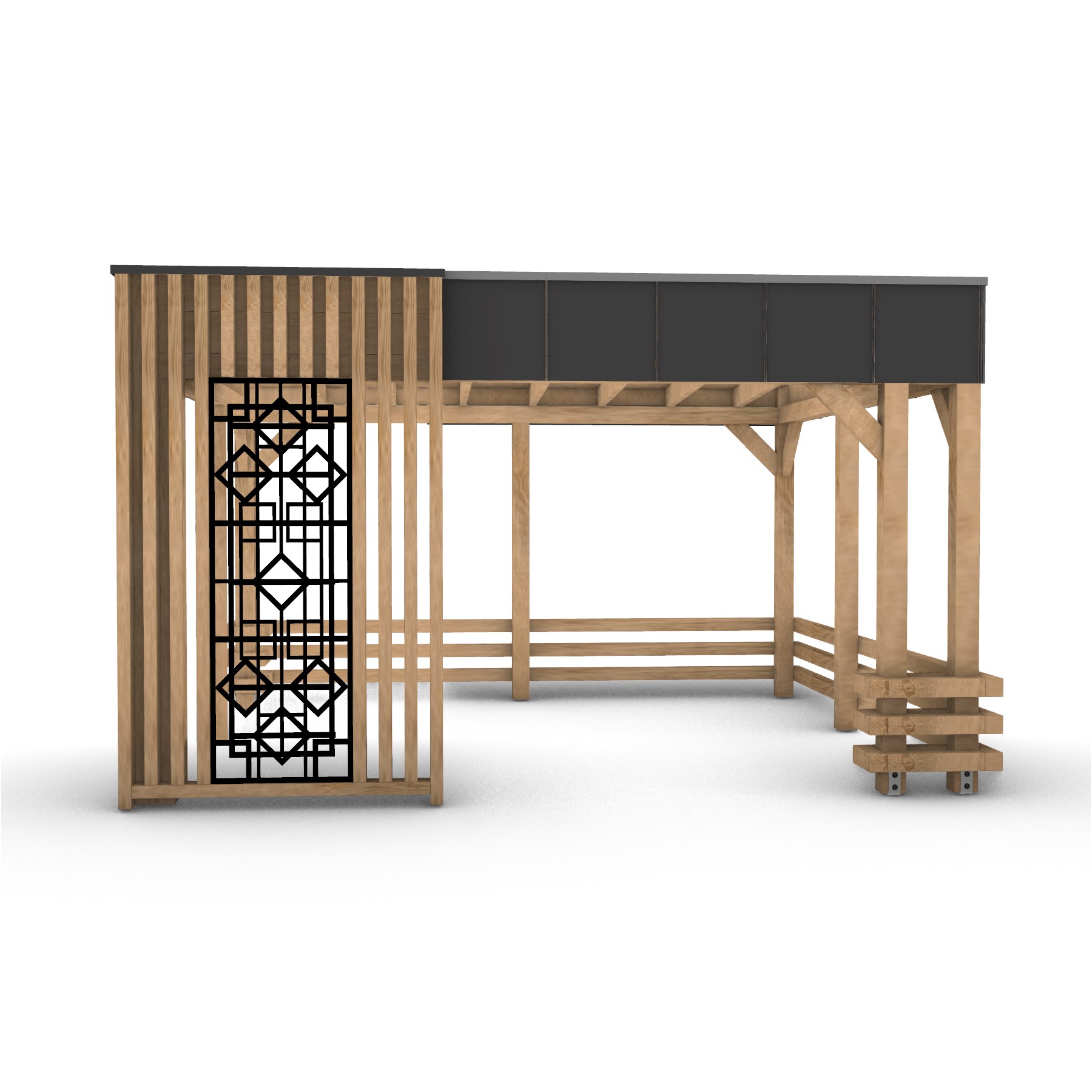 Wizualizacja projektu drewnianej pergoli z ażurowym panelem dekoracyjnym i czarnym zadaszeniem.