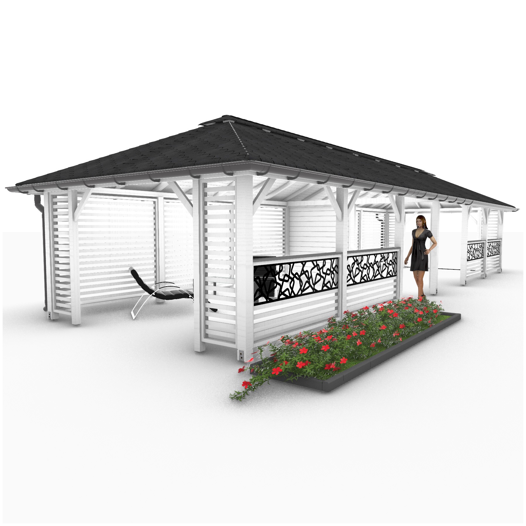 Wizualizacja długiej, białej konstrukcji z czarnym dachem, ozdobnymi panelami i rabatą z czerwonymi kwiatami, z leżakiem w środku i postacią kobiety w czarnej sukience w przejściu.