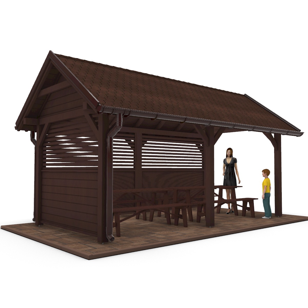 Wizualizacja brązowej altany z drewnianymi ławkami i stołami, na brązowej kostce, z dwiema postaciami w środku.