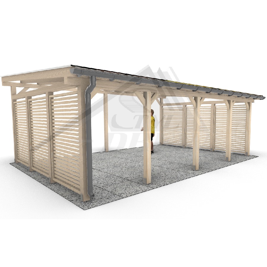 Wizualizacja 3D drewnianej konstrukcji z zadaszeniem, częściowo osłoniętej lamelami, z widoczną postacią człowieka wewnątrz.