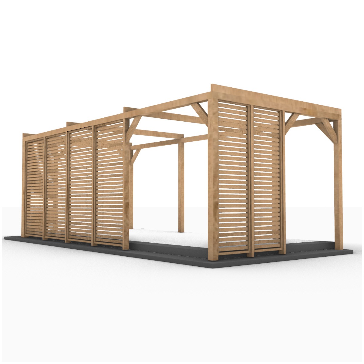 Wizualizacja 3D drewnianej konstrukcji z lamelami, prawdopodobnie zadaszenia lub wiaty, na szarej podstawie.