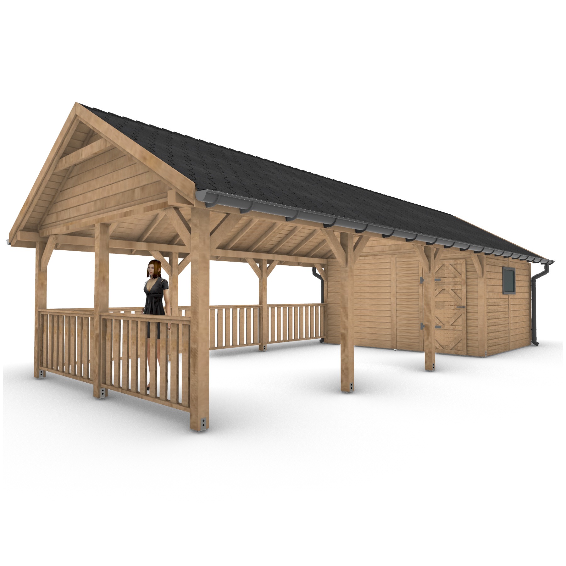 Wizualizacja drewnianej pergoli z zadaszeniem i balustradą, połączonej z drewnianym budynkiem gospodarczym, z widoczną postacią kobiety wewnątrz.