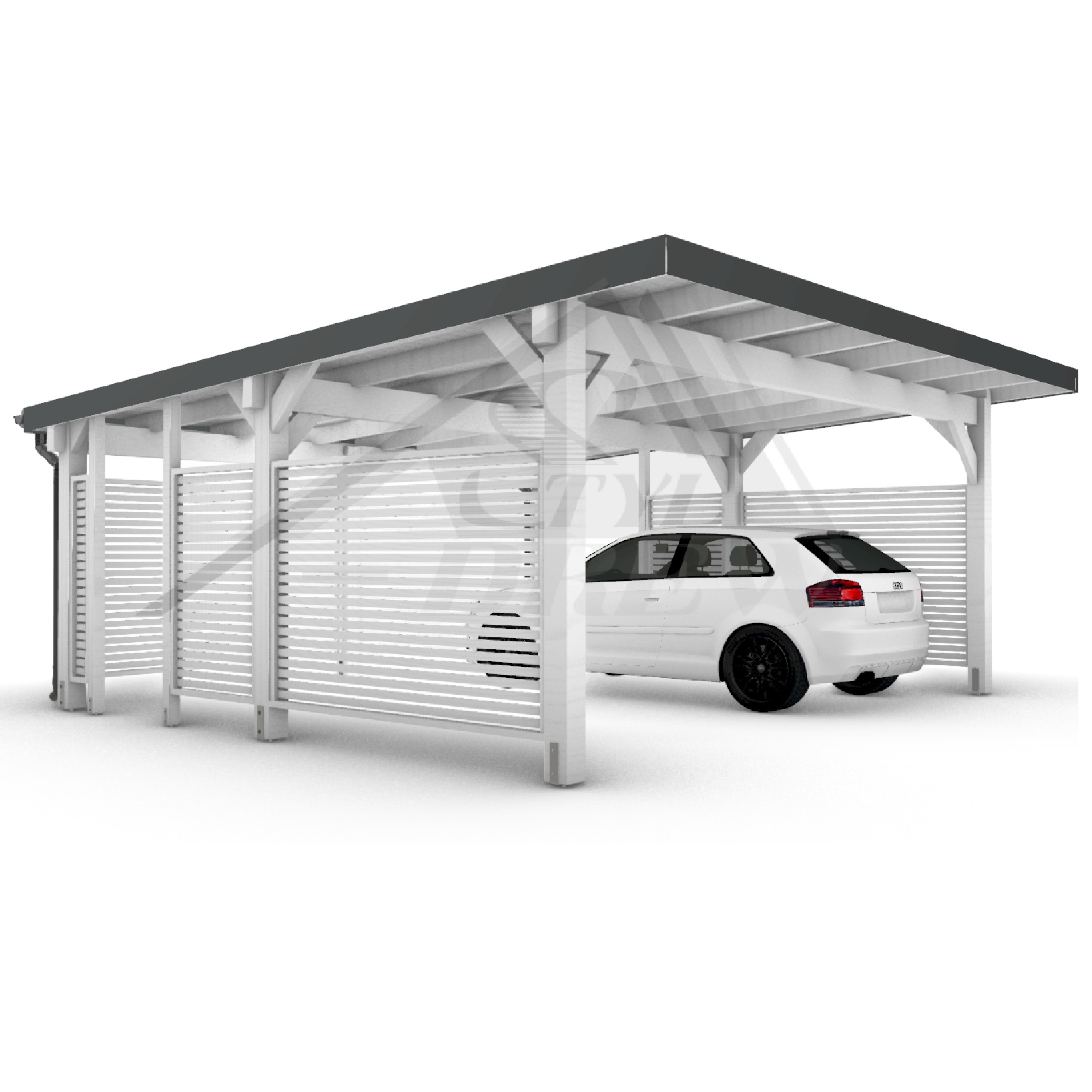 Wizualizacja 3D białej, drewnianej wiaty garażowej z płotem lamelowym, kryjącej biały samochód osobowy.