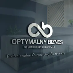 Eleganckie biuro z recepcją w odcieniach szarości. Logo firmy 'Optymalny Biznes' na tle nowoczesnego wnętrza z roślinami.