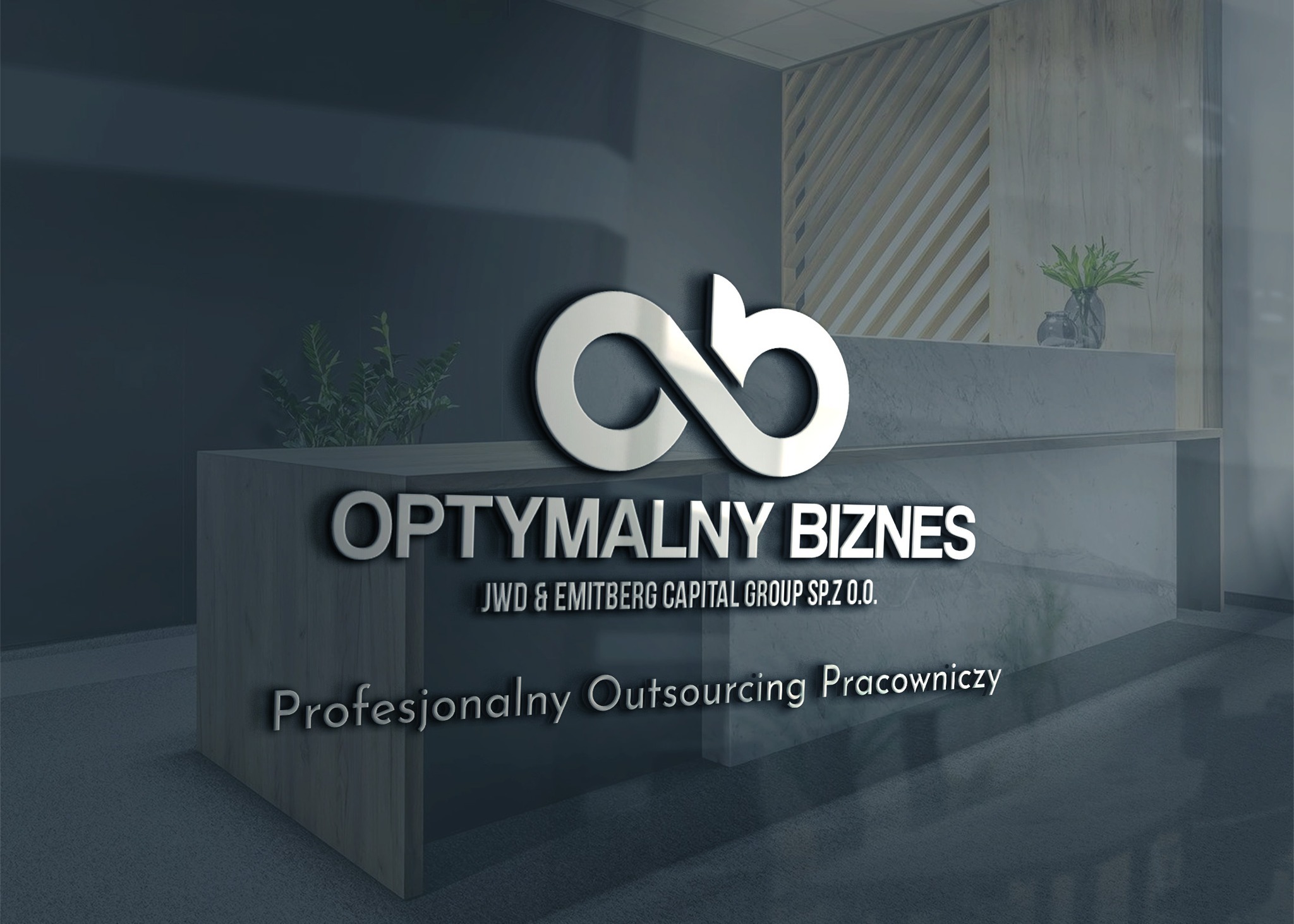 Eleganckie biuro z recepcją w odcieniach szarości. Logo firmy 'Optymalny Biznes' na tle nowoczesnego wnętrza z roślinami.