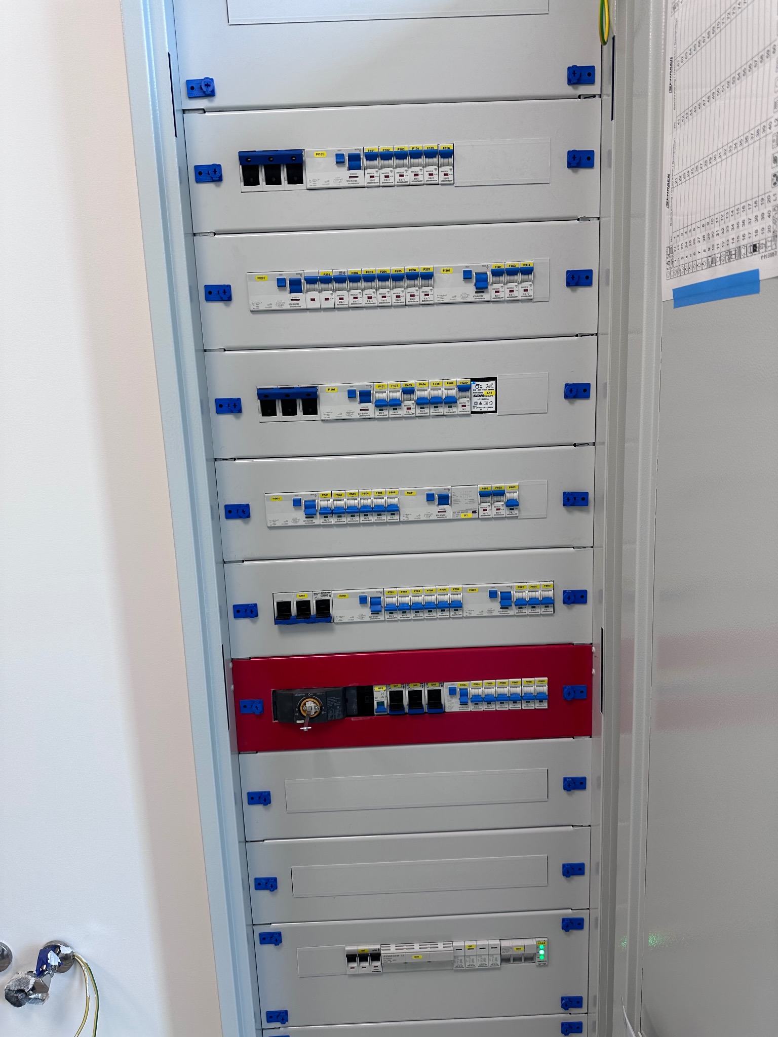 Rozdzielnica elektryczna z bezpiecznikami i wyłącznikami, widoczne oznaczenia i kolorowe elementy. Zamknięta szafa elektryczna z listwą zaciskową.