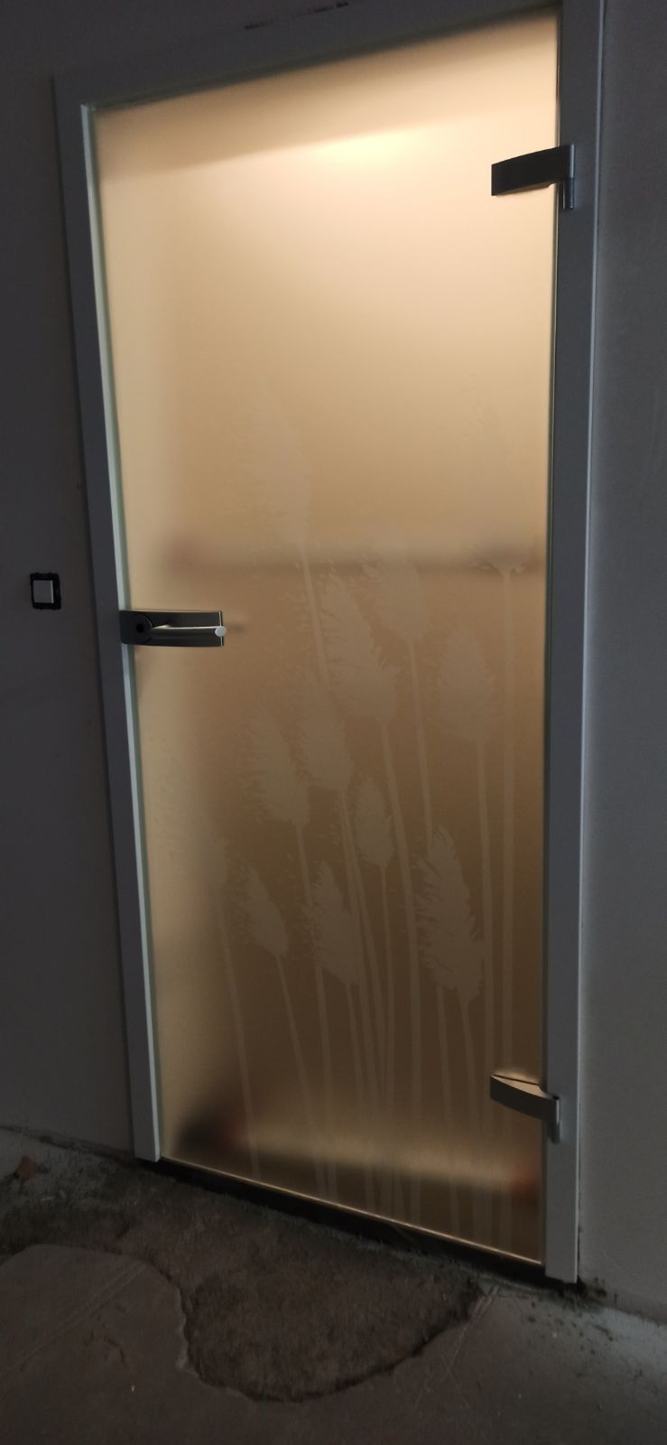 Matowe drzwi szklane z motywem roślinnym, widoczne okucia i klamka, szara ościeżnica, surowy stan wykończenia wnętrza.