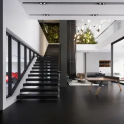 Nowoczesne wnętrze domu z czarnymi schodami, roślinami i czerwonym sportowym samochodem w garażu widocznym przez okno. Minimalistyczny design z elementami marmuru i drewna.