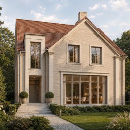 DREAMSPACE HOLDING - GRUPA KAPITAŁOWA SPÓŁEK PROJEKTOWYCH - CAŁA POLSKA - Elegancki dom z jasnej cegły klinkierowej i czerwonym dachem, z przeszkloną ścianą salonu/jadalni i wejściem z kamiennymi schodami, otoczony zadbanym ogrodem.