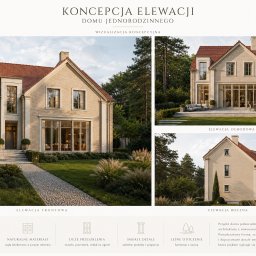DREAMSPACE HOLDING - GRUPA KAPITAŁOWA SPÓŁEK PROJEKTOWYCH - CAŁA POLSKA - Wizualizacja koncepcyjna elewacji domu jednorodzinnego w klasycznym stylu, z jasnej cegły klinkierowej i czerwonym dachem, otoczonego lasem. Trzy ujęcia: front, ogród i bok.