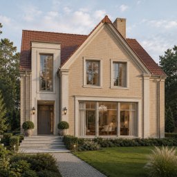 DREAMSPACE HOLDING - GRUPA KAPITAŁOWA SPÓŁEK PROJEKTOWYCH - CAŁA POLSKA - Wizualizacja eleganckiego domu z jasnej cegły, czerwonym dachem, wysokimi oknami i widocznym, oświetlonym wnętrzem salonu. Przed wejściem zadbany ogród.